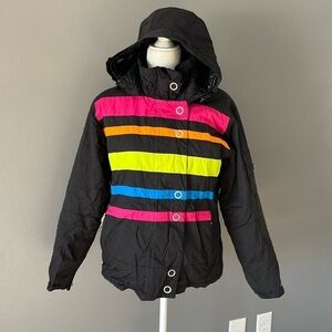 Obermeyer Niki Striped Ski Jacket Black Zip and Snap Closure